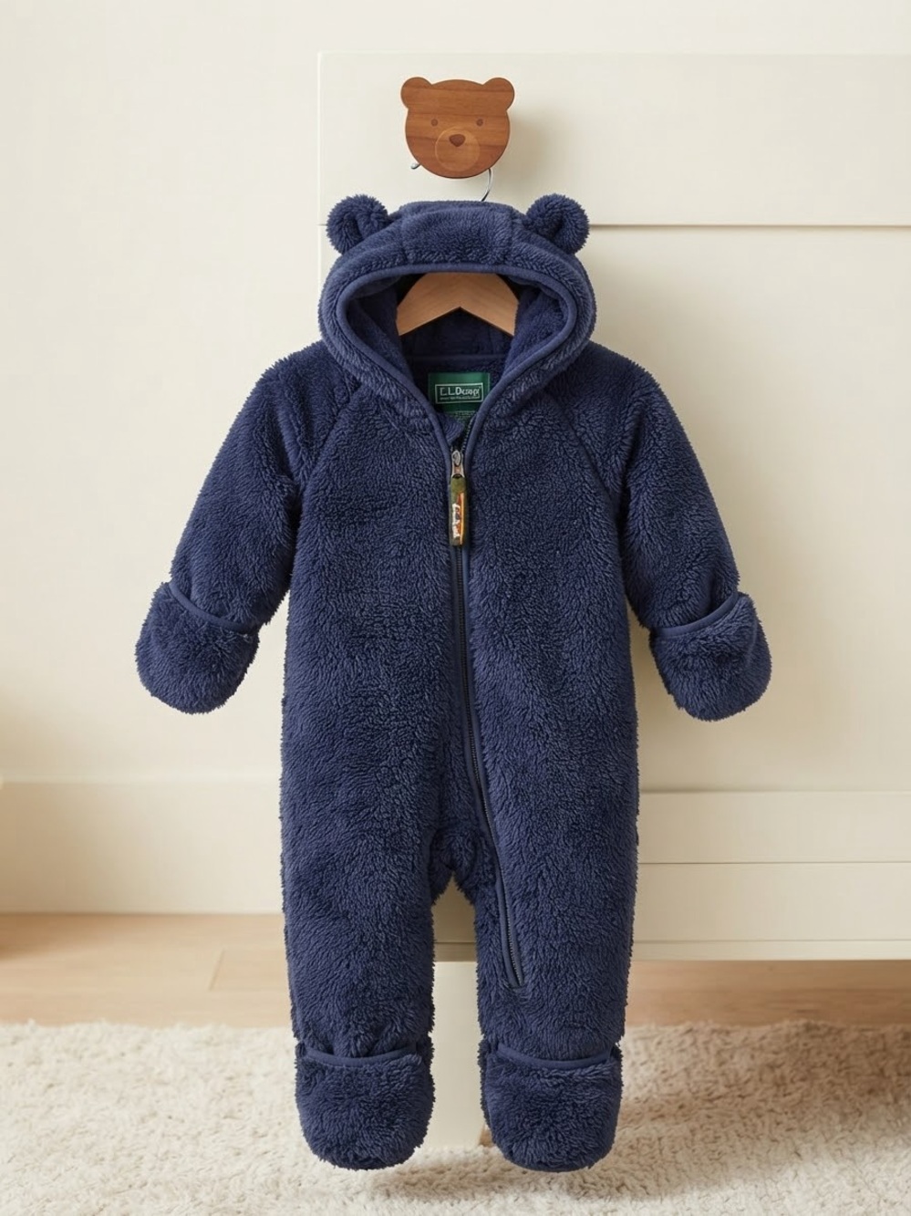 L.L.Bean Bear Ear Fleece Bunting Navy 3-6M Winter Baby Snowsuit